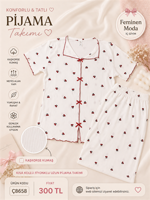 ç8658-kaşkorse kumaş kısa kollu kırazlı pijama takımı-beyaz
