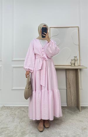 2113-maria kumaş önü bağlamalı etekli takım-pembe