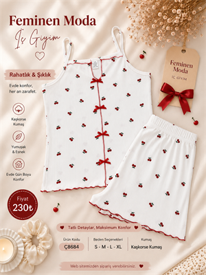 ç8684-kaşkorse kumaş ip askılı şortlu takım-beyaz