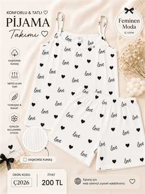 ç2026-kaşkorse kumaş ip askılı şortlu love pijama takımı-beyaz