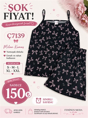 ç7139-milan kumaş gömlek yaka şortlu pijama takımı-siyah