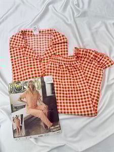 Ç6670 BÜRÜMCÜK KOL KISMI FIRFIRLI KARELİ PİJAMA TAKIMI -TURUNCU