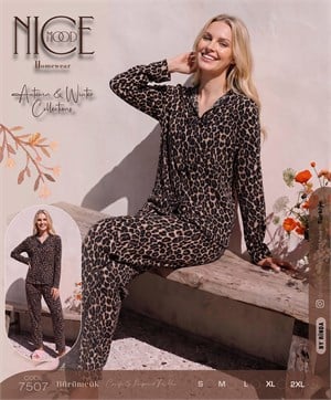 Ç7507 BÜRÜMCÜK DÜĞMELİ UZUN KOLLU TAKIM- LEOPAR