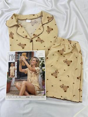 ç6666-bürümcük kumaş şortlu pijama takımı- sütlü kahve