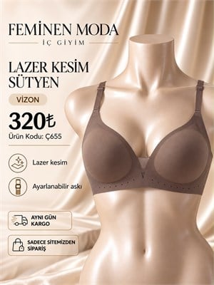 ç655  lazer kesim tül detaylı sütyen-vizon