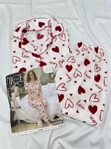 ç6846-bürümcük kumaş gömlek yaka kısa kollu pijama takımı-beyaz