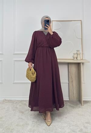 0937-organze kumaş lastikli önü çapraz elbise-bordo-