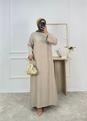 0183-tencel kumaş kuşaklı düz elbise-krem