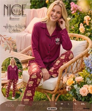 ç7330-milan kumaş gömlek yaka pijama takımı-bordo