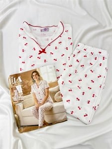 ç1080-kaşkorse yakalı kısa kol kirazlı pijama takımı-beyaz