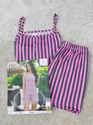 ç6615-milan kumaş gri çizgili şortlu pijama takımı-pembe