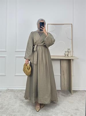 0937-organze kumaş lastikli önü çapraz elbise-yeşil