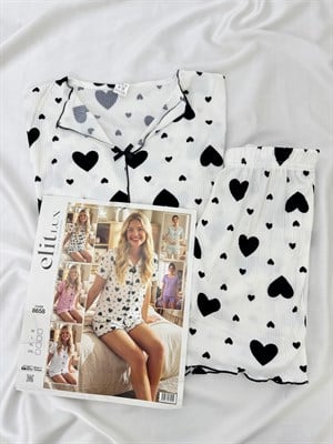 ç8658-viskon kaşkorse kumaş gömlek yaka siyah kalpli şortlu pijama takımı-beyaz