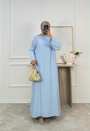 0183-tencel kumaş kuşaklı düz elbise-bebe mavi