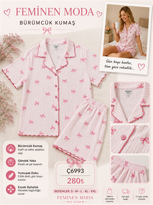 ç6993-bürümcük kumaş gömlek yaka şortlu pijama takımı-pembe