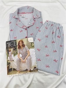 ç6847-bürümcük kumaş gömlek yaka kısa kollu pijama takımı-gri
