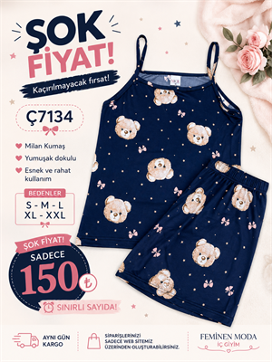 ç7134-milan kumaş gömlek yaka şortlu pijama takımı-lacivert
