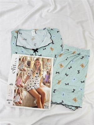 ç8658-viskon kaşkorse kumaş gömlek yaka siyah ayıcıklı şortlu pijama takımı-yeşil