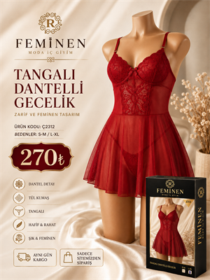 ç2312-tangalı dantelli gecelik-kırmızı 