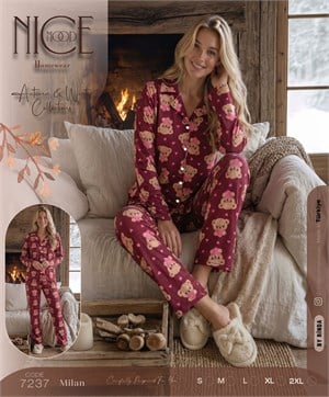 ç7237-milan kumaş gömlek yaka ayıcıklı pijama takımı-bordo