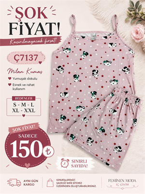 ç7137-milan kumaş gömlek yaka şortlu pijama takımı-pembe