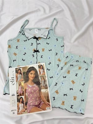 ç8684-şortlu ip askılı ayıcıklı pijama takımı-yeşil
