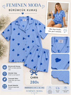 ç6806-bürümcük kumaş gömlek yaka şortlu pijama takımı-mavi