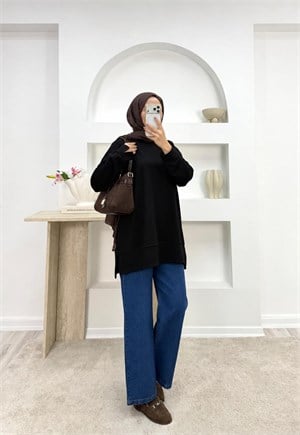 4621-oysho kumaş bisiklet yaka sweatshirt-siyah