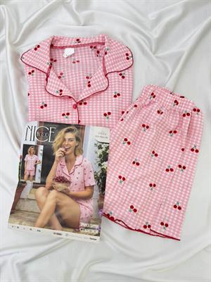 ç6664-bürümcük kumaş şortlu kirazlı pijama takımı-pembe