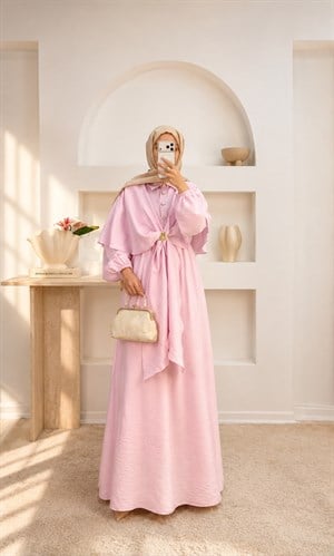 7791-lilyum kumaş pelerinli beli lastikli elbise-pembe