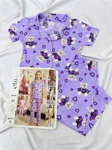 ç9215-milan kumaş gömlek yaka ayıcıklı kız çocuk takım-mor