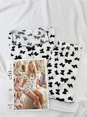 ç8658-viskon kaşkorse kumaş gömlek yaka kelebekli şortlu pijama takımı-beyaz