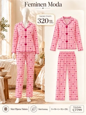 ç7799-süet kumaş gömlek yaka pijama takımı-pembe 
