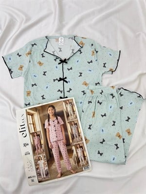 ç9316-viskon kaşkorse kumaş kısa kollu ayıcıklı pijama takımı-yeşil