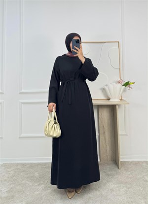 0183-tencel kumaş kuşaklı düz elbise-siyah