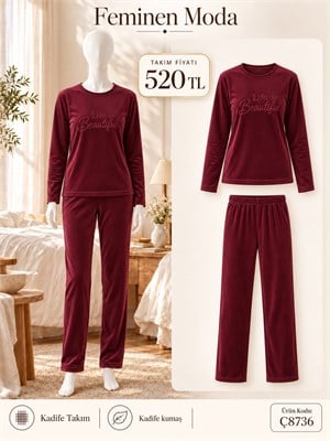 ç8736-kadife kumaş uzun kol pijama takımı-bordo