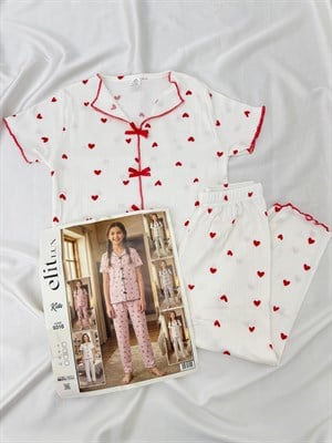 ç9316-viskon kaşkorse kumaş kısa kollu kalpli pijama takımı-beyaz