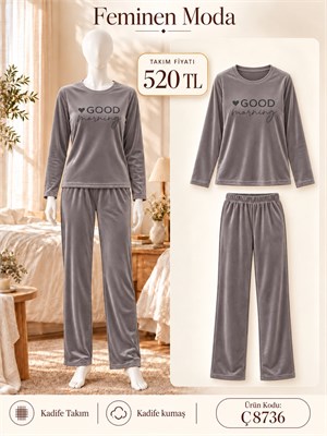ç8736-kadife kumaş uzun kol pijama takımı-mürdüm