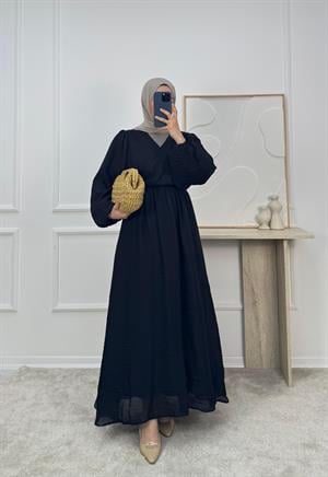 0937-organze kumaş lastikli önü çapraz elbise-siyah