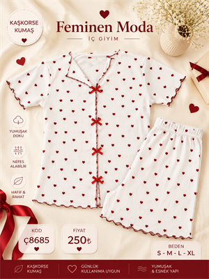 ç8685-kaşkorse kumaş kısa kollu kalpli şortlu takım-beyaz