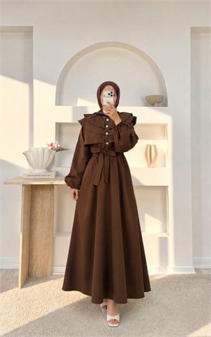 5899-poplin kumaş fırfırlı elbise-acı kahve 