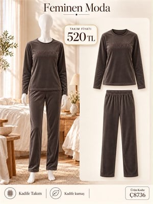 ç8736-kadife kumaş uzun kol pijama takımı-kahve