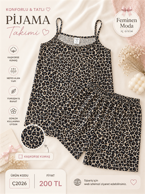ç2026-kaşkorse kumaş ip askılı şortlu pijama takımı-leopar