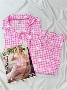 Ç6673 BÜRÜMCÜK KOL KISMI FIRFIRLI -KALPLİ PİJAMA TAKIMI -PEMBE