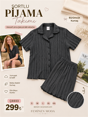 ç6933-bürümcük kumaş fırfırlı şortlu takım-füme
