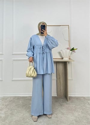 9133-modal kumaş büzgülü bağlamalı pantolonlu takım-bebe mavi