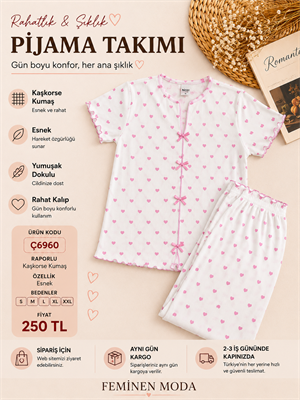 ç6958-raporlı kısa kol gömlek yaka pembe kalpli pijama takımı-beyaz