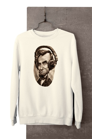 Abraham Lincoln Temalı Baskılı Beyaz Sweatshirt