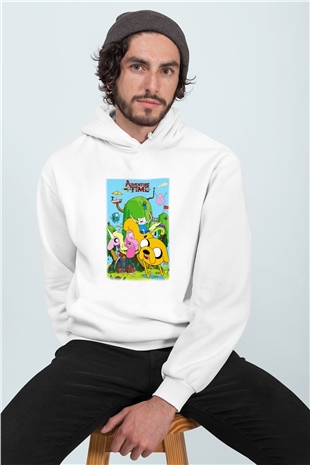 Adventure Time Temalı Baskılı Beyaz Kapüşonlu Sweatshirt