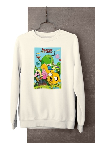 Adventure Time Temalı Baskılı Beyaz Sweatshirt